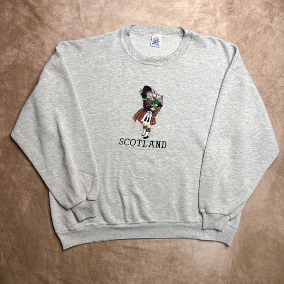 Vintage 90s Jerzees Scotland Embroidered Sweatshirt Gray Bagpipe Men's XXL Euro - Picture 1 of 10